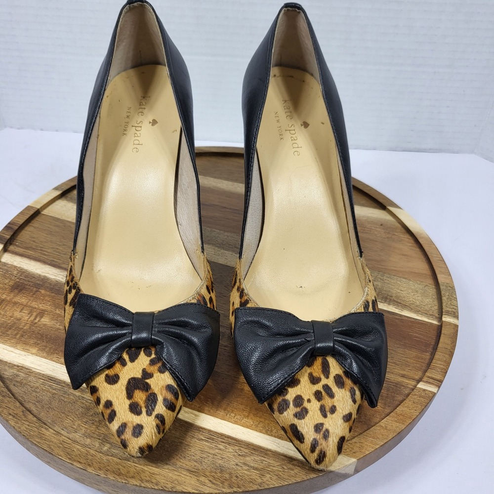 Kate Spade Leopard Print Calf Hair Black Leather‎ Bow Pointed Toe Pumps 6.5M - Picture 3 of 13